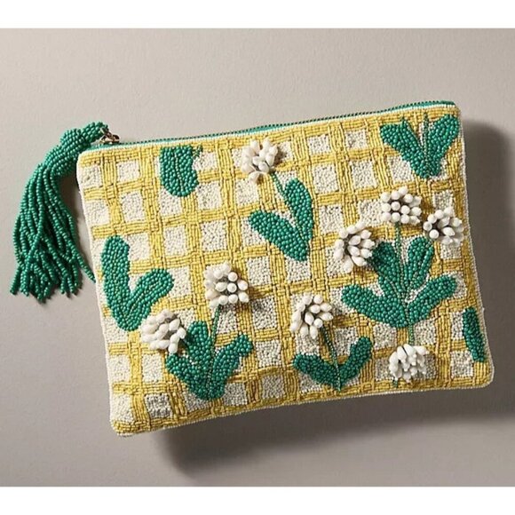 The Fiona Large Beaded Pouch Floral Yellow Green - Picture 1 of 3